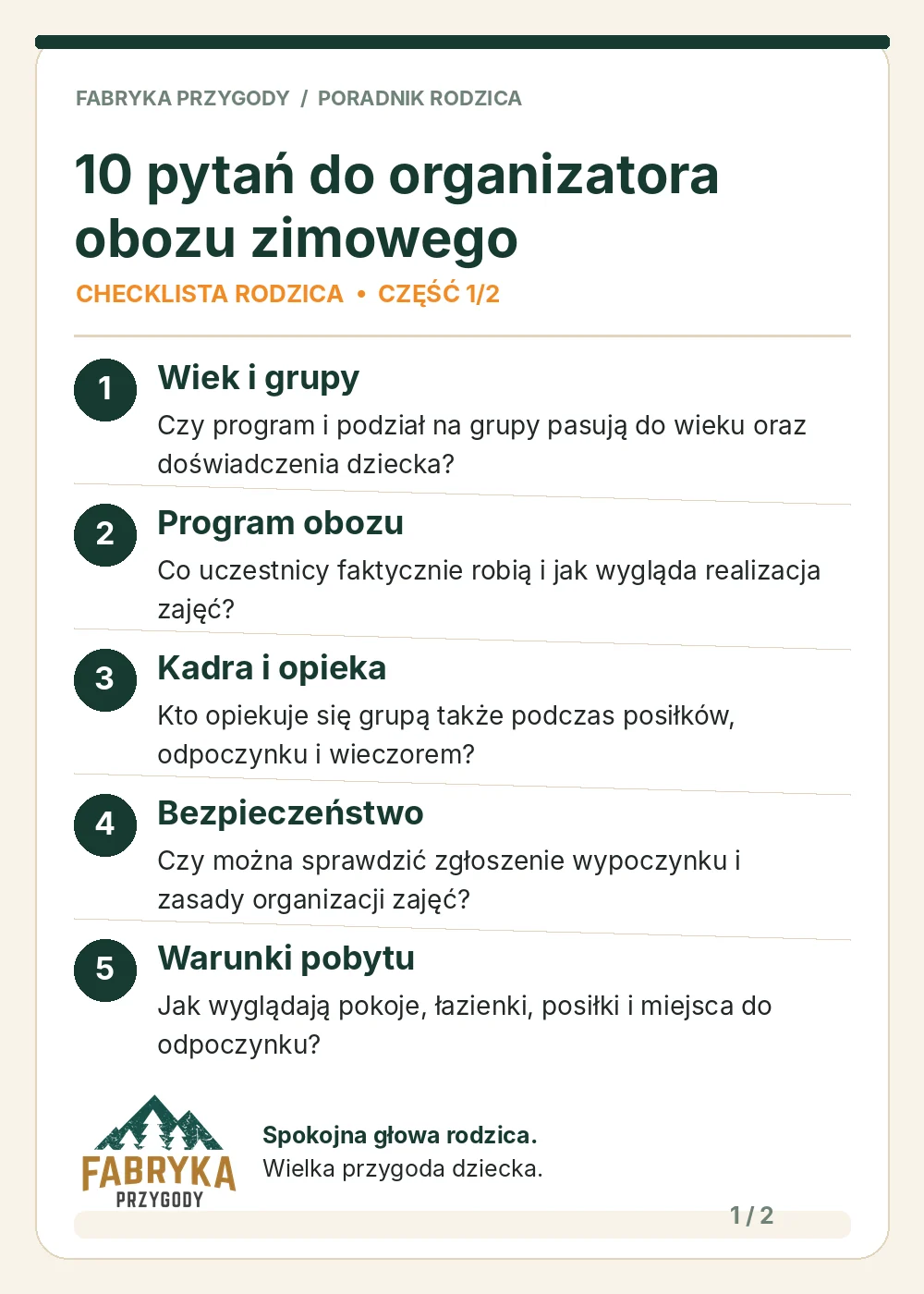 Infografika Fabryki Przygody – pierwsze pięć pytań do organizatora zimowiska dotyczących wieku, programu, kadry, bezpieczeństwa i warunków pobytu