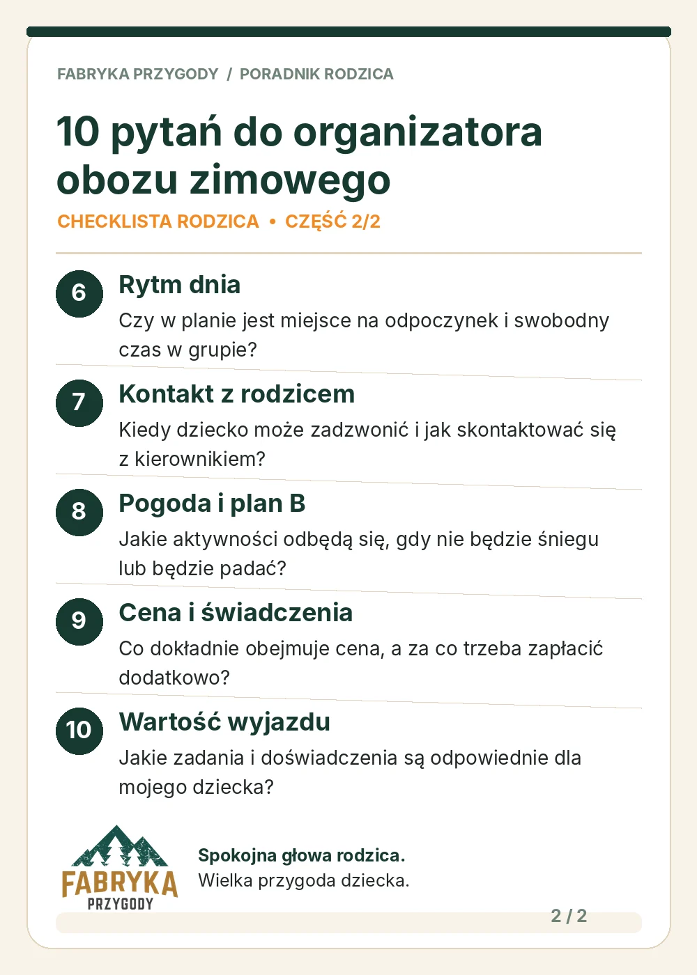 Infografika Fabryki Przygody – pięć kolejnych pytań o rytm dnia, kontakt z rodzicami, plan na pogodę, cenę i doświadczenia dziecka