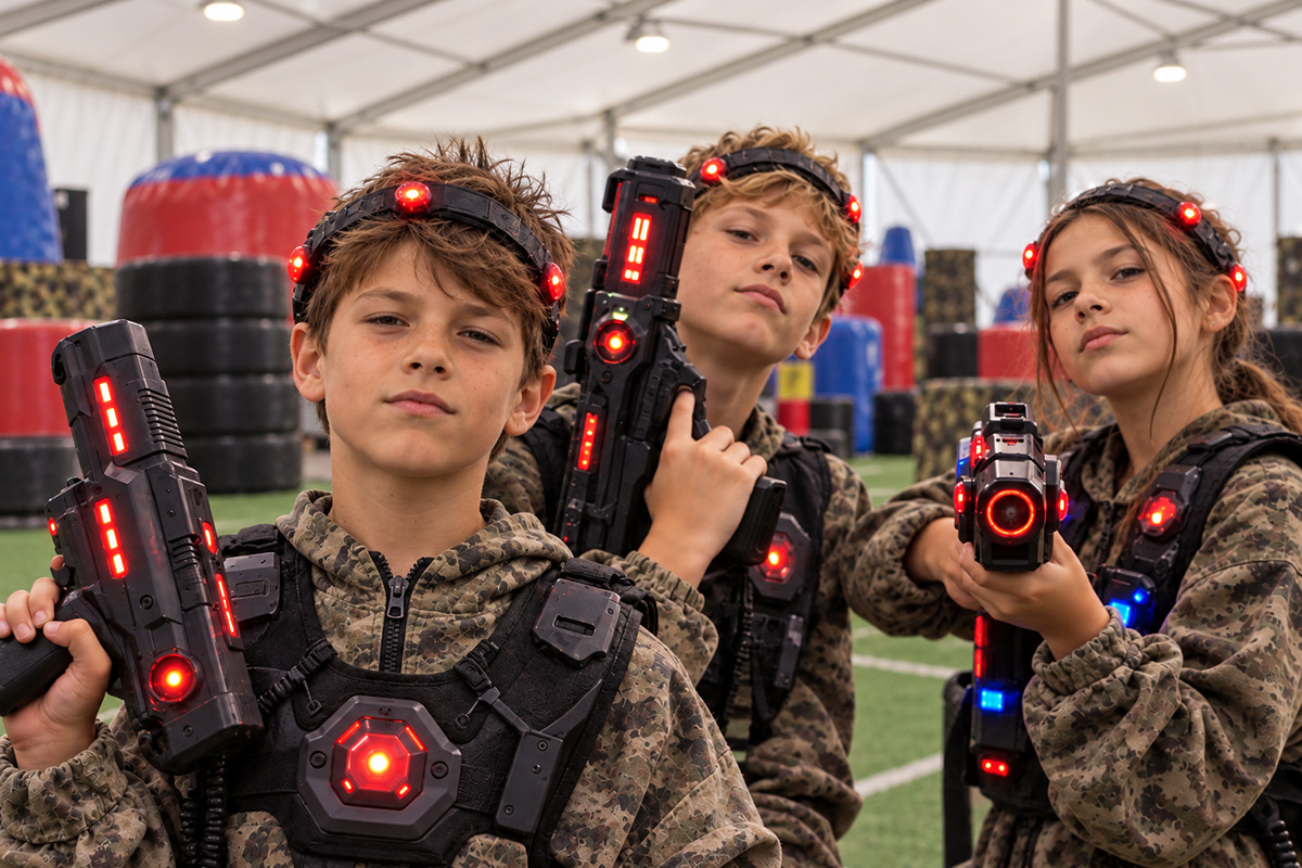 Dzieci podczas gry Laser Tag na obozie zimowym Zimowa Misja