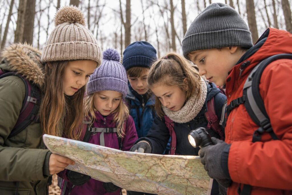 dzieci na obozie zimowym z mapą