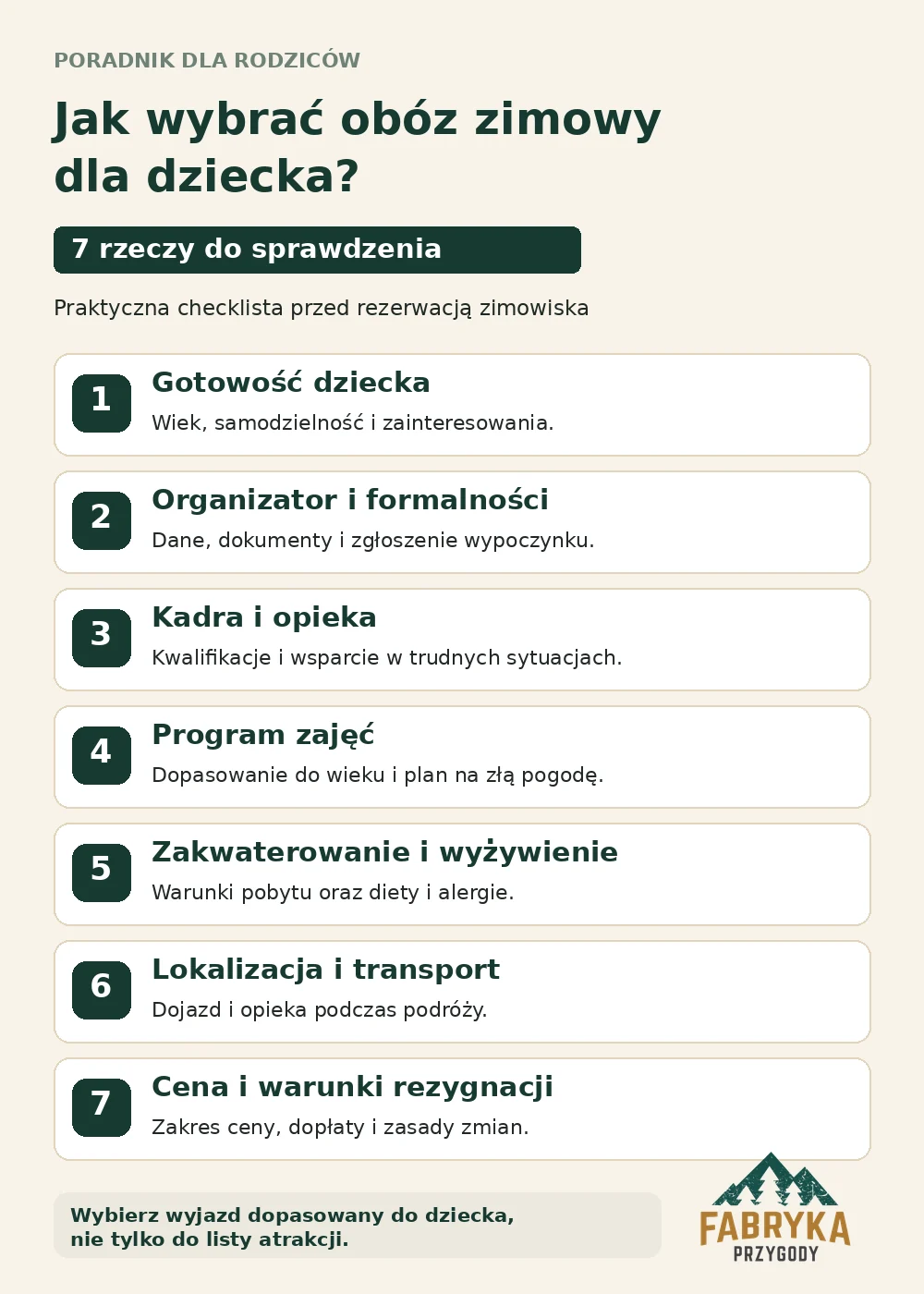 Infografika Fabryki Przygody przedstawiająca siedem kryteriów wyboru obozu zimowego dla dziecka: gotowość, organizator, kadra, program, zakwaterowanie, transport i cena